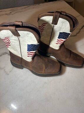 Durango Brown and White Kids Western Boots with American Flag